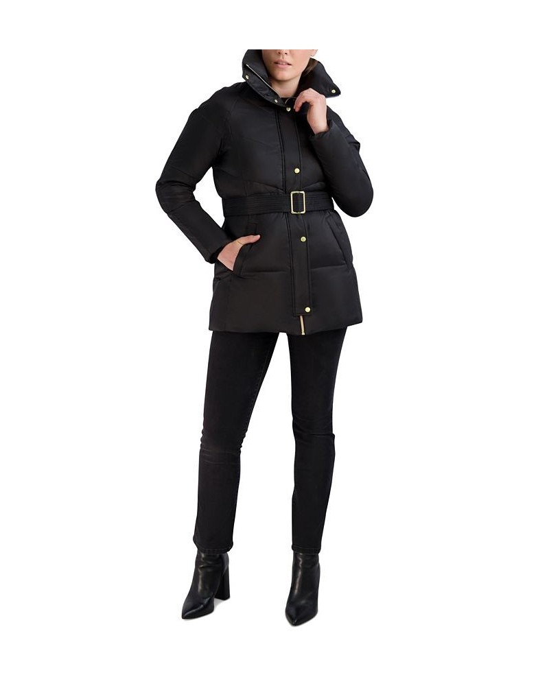 Women's Belted Pillow-Collar Puffer Coat Black $90.00 Coats