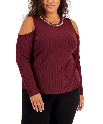 Plus Size Ribbed Chain-Trim Cold-Shoulder Top Red $15.86 Tops