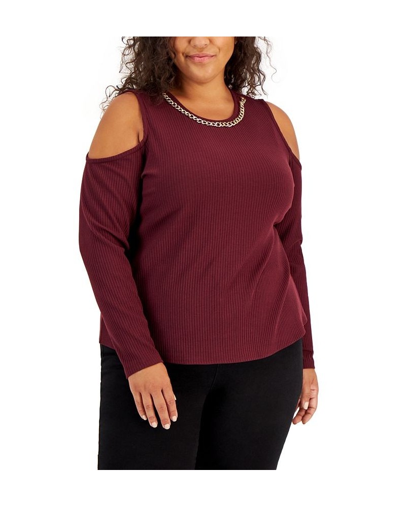 Plus Size Ribbed Chain-Trim Cold-Shoulder Top Red $15.86 Tops