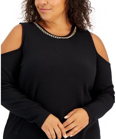 Plus Size Ribbed Chain-Trim Cold-Shoulder Top Red $15.86 Tops