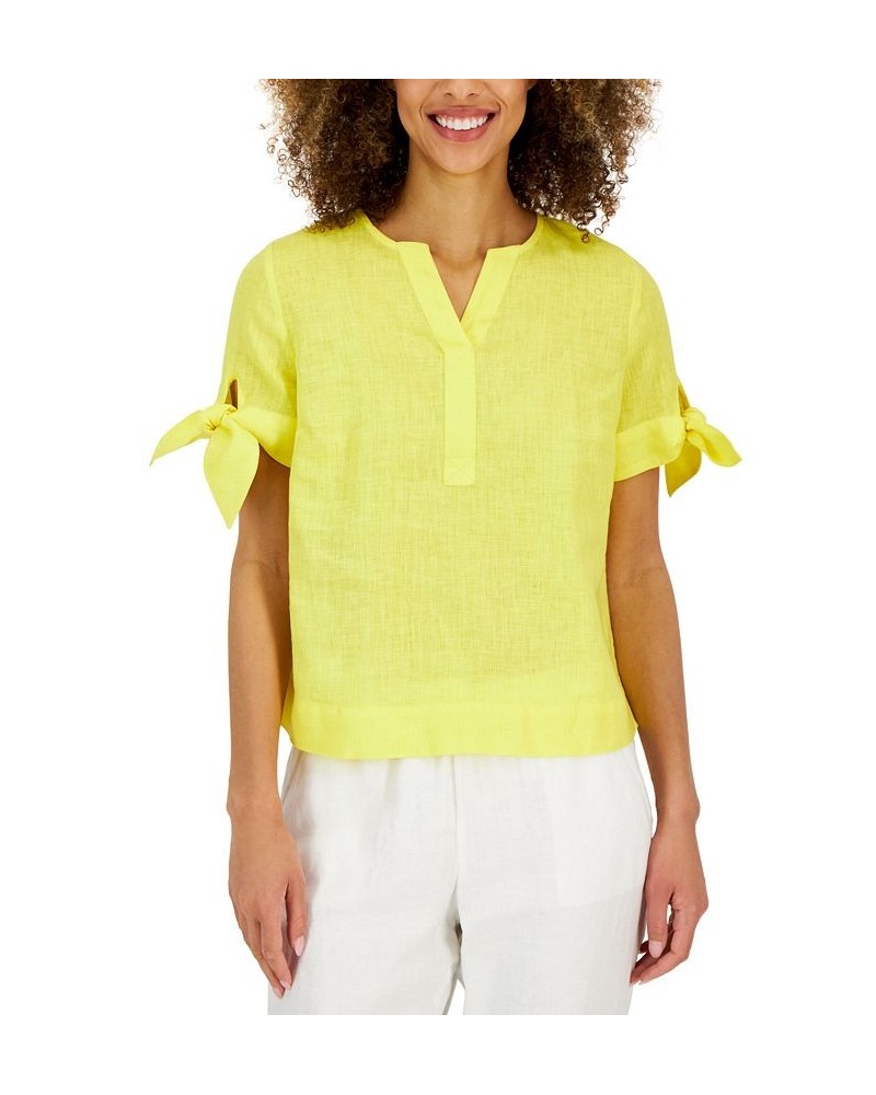 Petite Linen Split-Neck Top Yellow $20.67 Tops