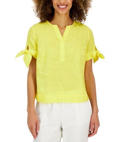 Petite Linen Split-Neck Top Yellow $20.67 Tops