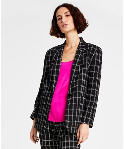 Women's Plaid Long-Sleeve Single-Button Boyfriend Blazer Black Combo $28.18 Jackets