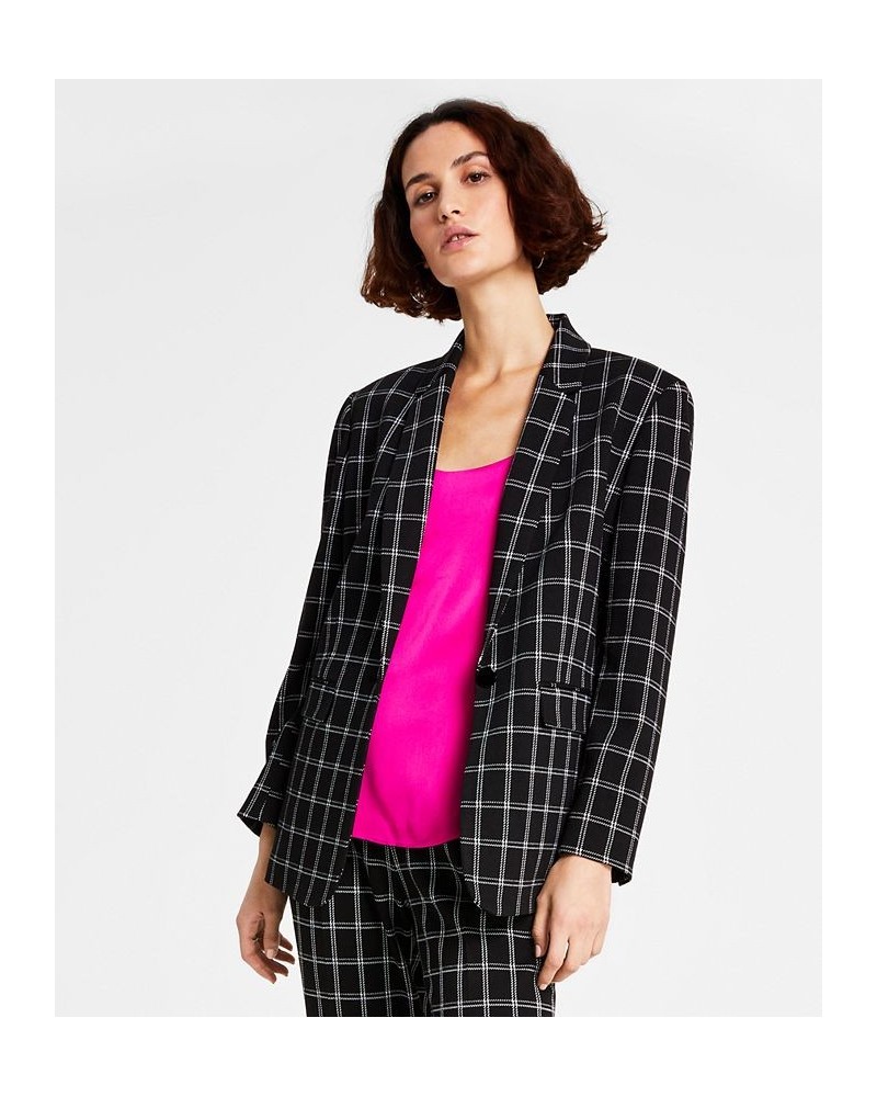 Women's Plaid Long-Sleeve Single-Button Boyfriend Blazer Black Combo $28.18 Jackets