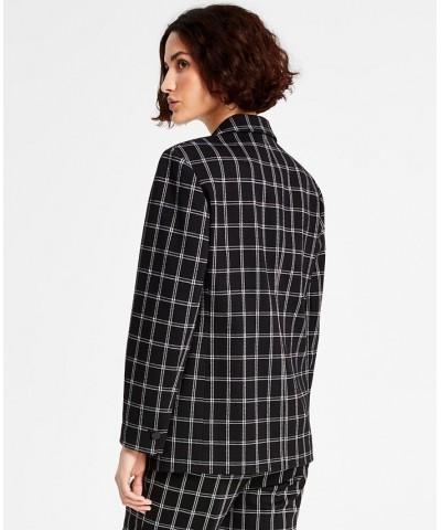 Women's Plaid Long-Sleeve Single-Button Boyfriend Blazer Black Combo $28.18 Jackets