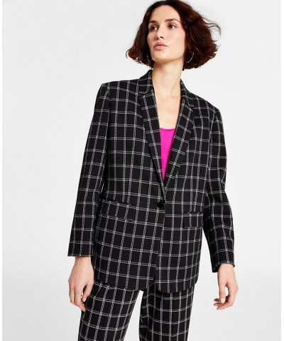 Women's Plaid Long-Sleeve Single-Button Boyfriend Blazer Black Combo $28.18 Jackets