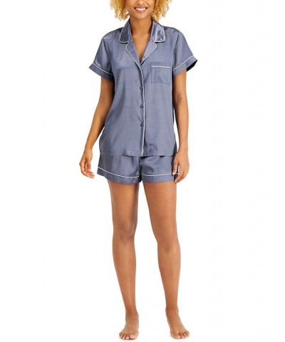 Satin Notch-Collar Shorts Pajamas Set Uniform Blue $13.20 Sleepwear