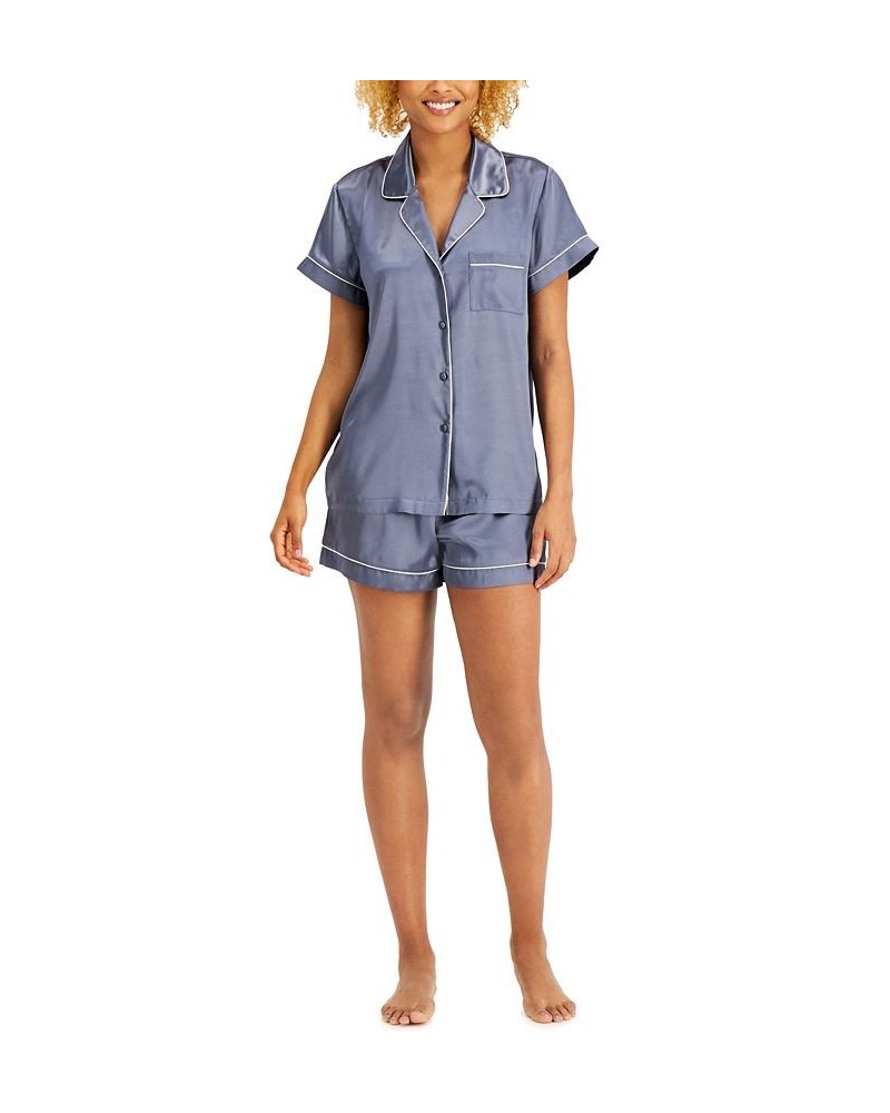 Satin Notch-Collar Shorts Pajamas Set Uniform Blue $13.20 Sleepwear