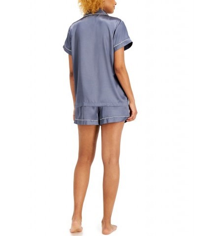 Satin Notch-Collar Shorts Pajamas Set Uniform Blue $13.20 Sleepwear