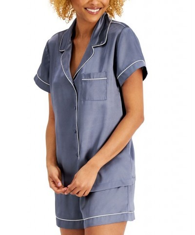 Satin Notch-Collar Shorts Pajamas Set Uniform Blue $13.20 Sleepwear