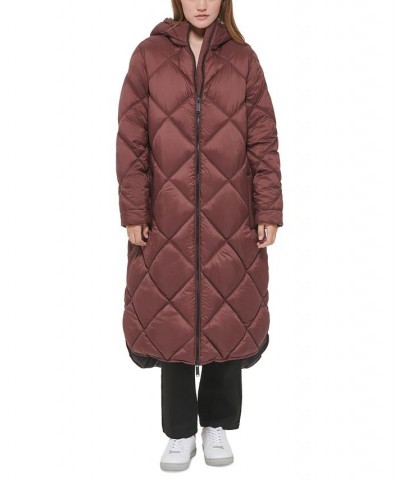 Women's Hooded Dramatic Long Puffer Brown $47.01 Coats