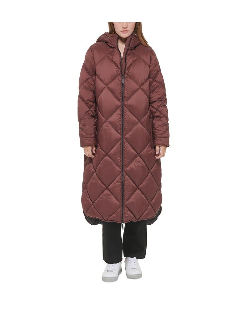 Women's Hooded Dramatic Long Puffer Brown $47.01 Coats