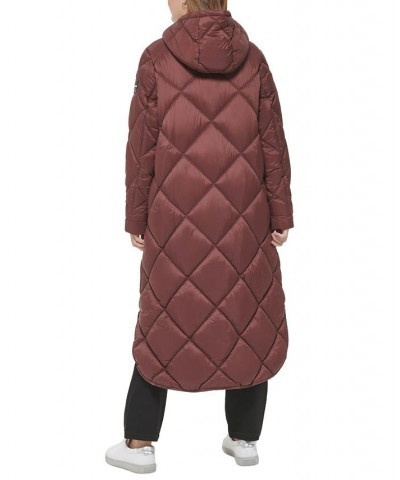 Women's Hooded Dramatic Long Puffer Brown $47.01 Coats