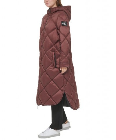 Women's Hooded Dramatic Long Puffer Brown $47.01 Coats