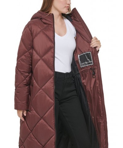 Women's Hooded Dramatic Long Puffer Brown $47.01 Coats