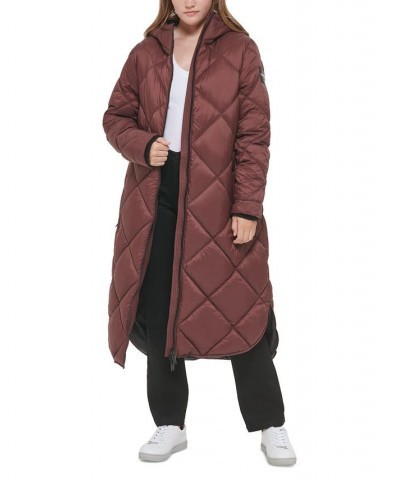 Women's Hooded Dramatic Long Puffer Brown $47.01 Coats