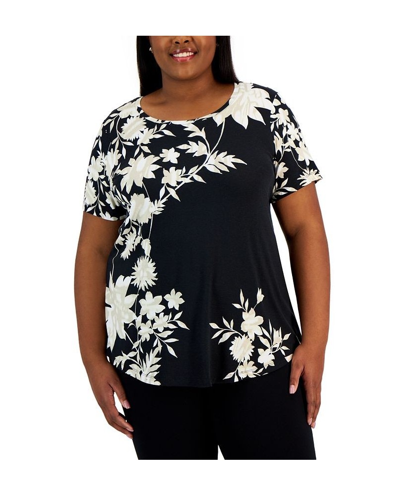 Plus Size Floral Print Short-Sleeve Top Black $13.77 Tops