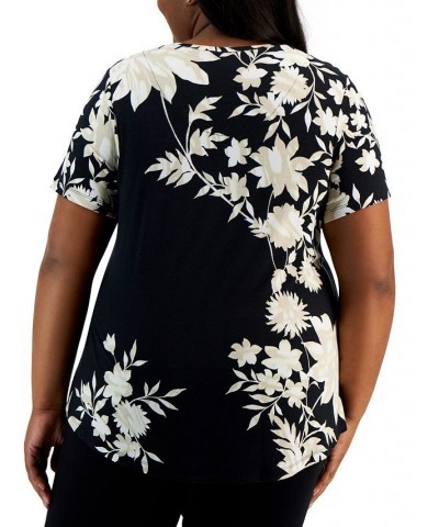 Plus Size Floral Print Short-Sleeve Top Black $13.77 Tops