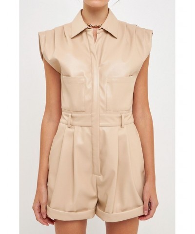 Women's Faux Leather Romper Beige $49.60 Shorts