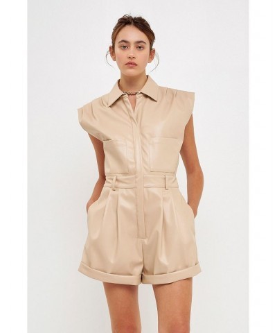 Women's Faux Leather Romper Beige $49.60 Shorts