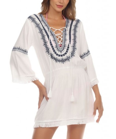 Women's Embroidered Tie-Neck Dress Cover-Up White $30.72 Swimsuits