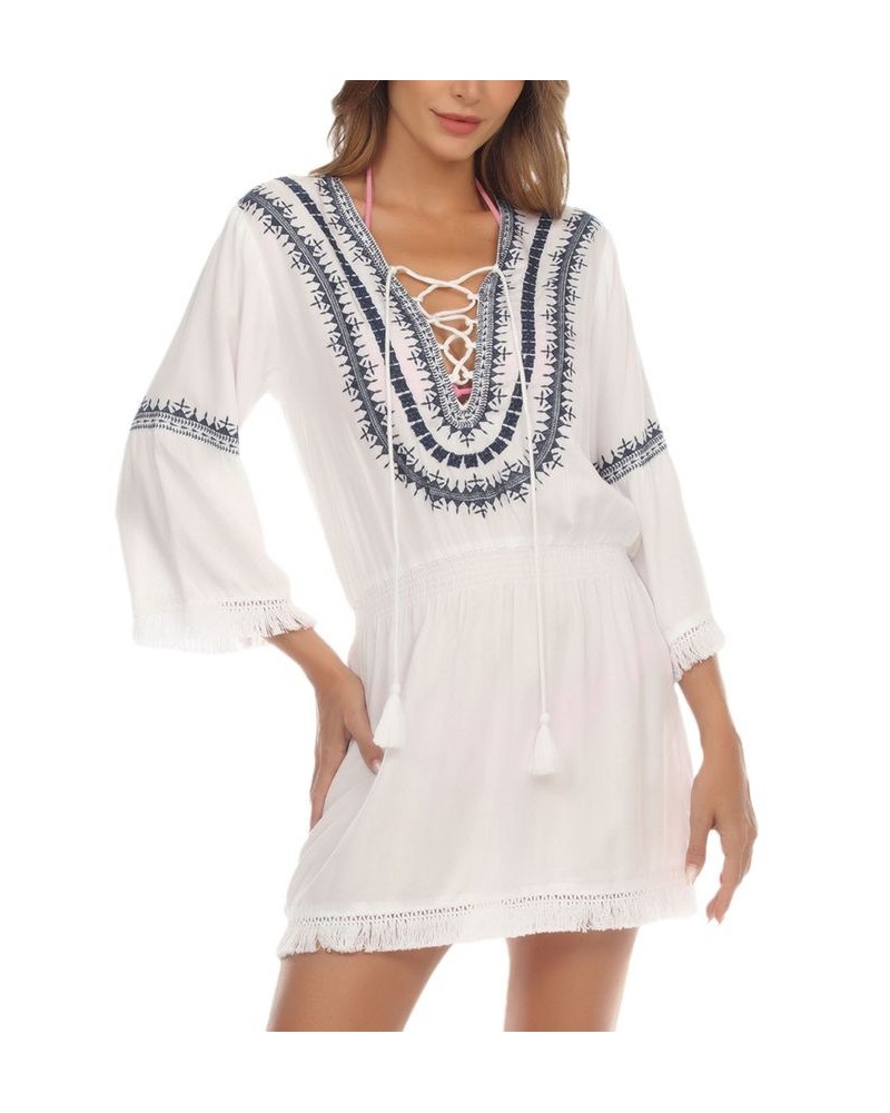 Women's Embroidered Tie-Neck Dress Cover-Up White $30.72 Swimsuits