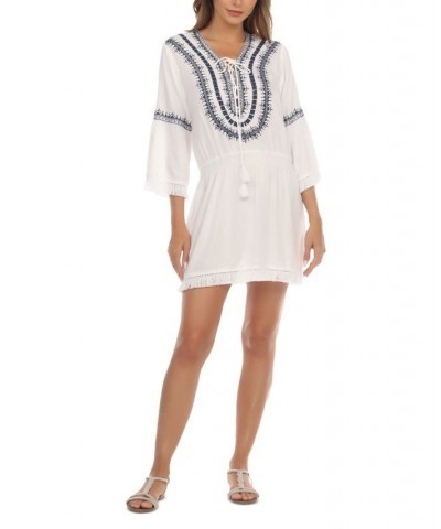 Women's Embroidered Tie-Neck Dress Cover-Up White $30.72 Swimsuits