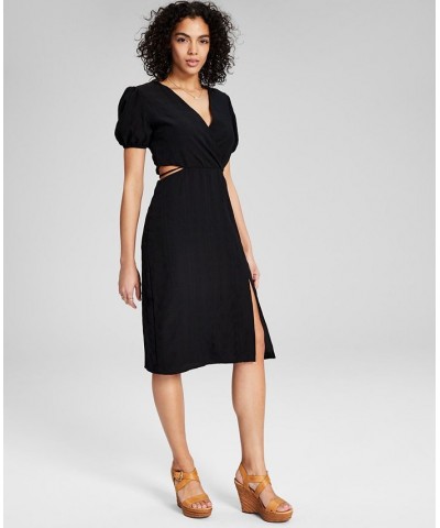 Women's Puff-Sleeve Cutout Midi Dress Black $33.81 Dresses