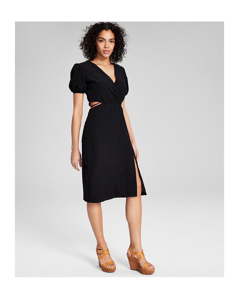 Women's Puff-Sleeve Cutout Midi Dress Black $33.81 Dresses