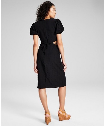 Women's Puff-Sleeve Cutout Midi Dress Black $33.81 Dresses