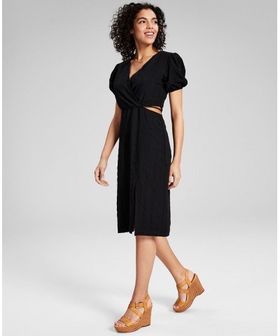 Women's Puff-Sleeve Cutout Midi Dress Black $33.81 Dresses