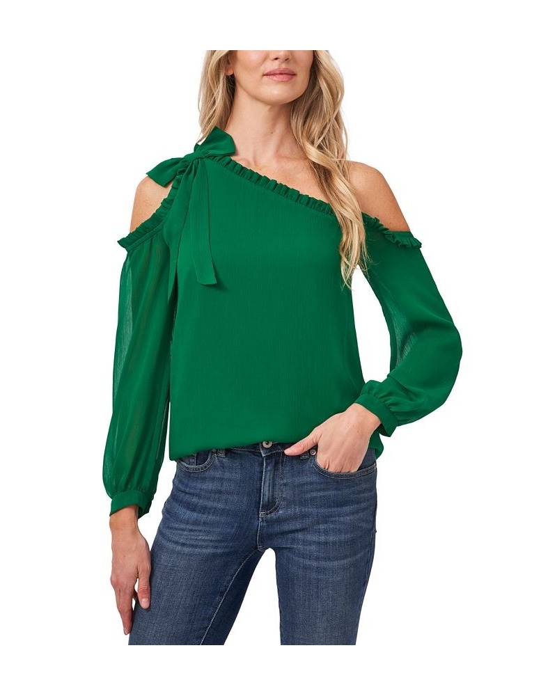 Ruffled Asymmetric Cold-Shoulder Top Green $39.60 Tops