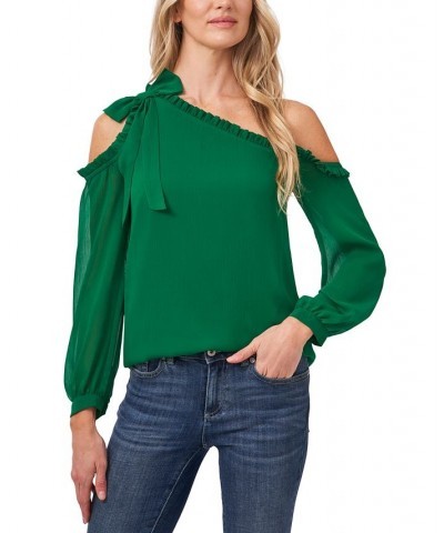 Ruffled Asymmetric Cold-Shoulder Top Green $39.60 Tops