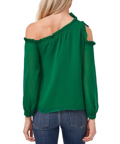 Ruffled Asymmetric Cold-Shoulder Top Green $39.60 Tops