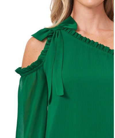 Ruffled Asymmetric Cold-Shoulder Top Green $39.60 Tops