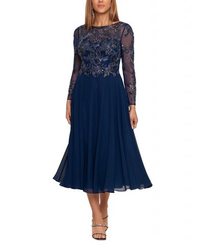 Women's Embroidered Chiffon Fit & Flare Dress Navy $71.55 Dresses