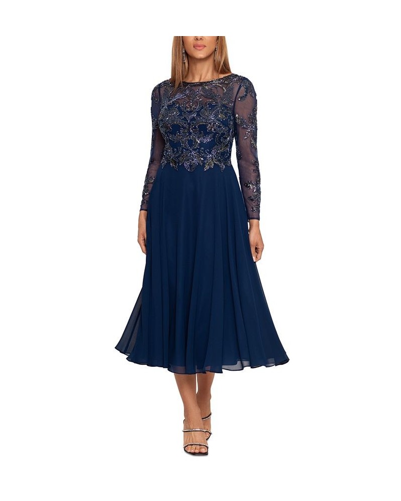 Women's Embroidered Chiffon Fit & Flare Dress Navy $71.55 Dresses