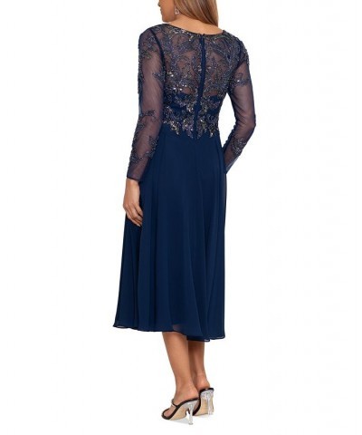 Women's Embroidered Chiffon Fit & Flare Dress Navy $71.55 Dresses