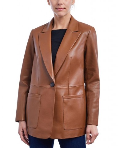Women's Faux-Leather Blazer Coat Cognac $75.20 Coats