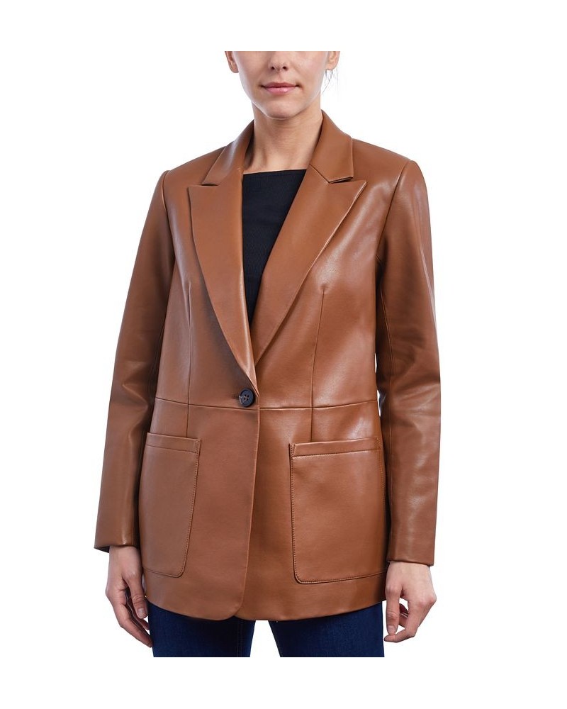 Women's Faux-Leather Blazer Coat Cognac $75.20 Coats