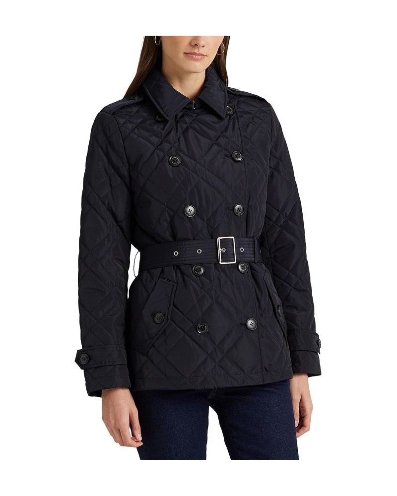 Women's Belted Double-Breasted Quilted Coat Blue $48.10 Coats