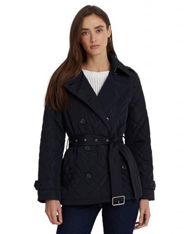 Women's Belted Double-Breasted Quilted Coat Blue $48.10 Coats