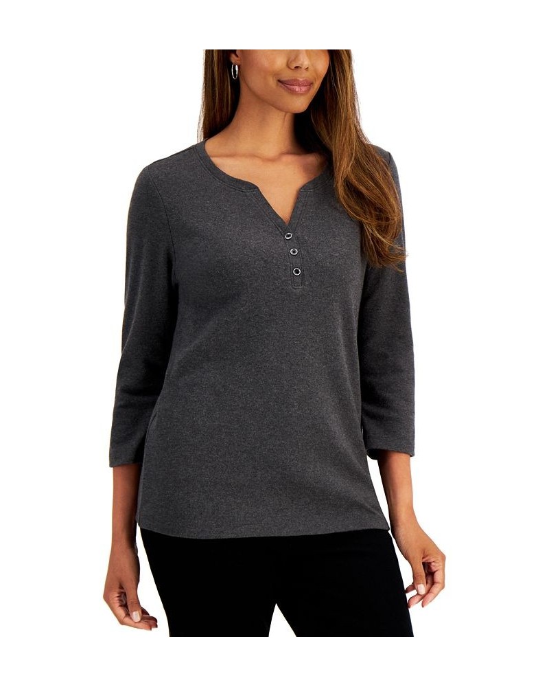 Cotton Henley V-Neck Top Gray $11.20 Tops