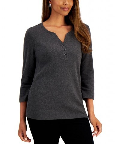 Cotton Henley V-Neck Top Gray $11.20 Tops