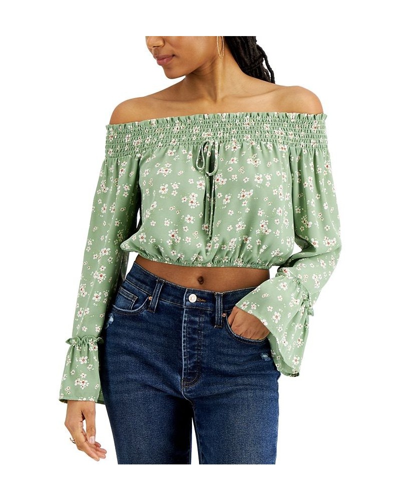 Juniors' Smocked Off-The-Shoulder Top Green/Ivory $12.48 Tops