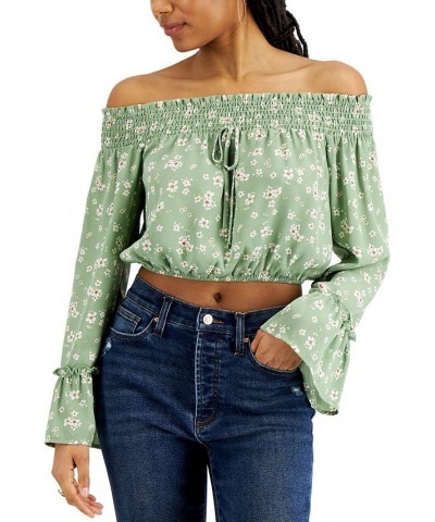 Juniors' Smocked Off-The-Shoulder Top Green/Ivory $12.48 Tops