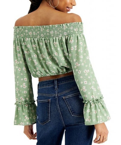 Juniors' Smocked Off-The-Shoulder Top Green/Ivory $12.48 Tops