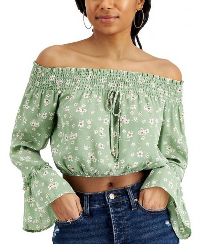 Juniors' Smocked Off-The-Shoulder Top Green/Ivory $12.48 Tops