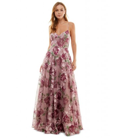 Juniors' Embroidered Floral Lace-Up Gown Mauve/wine $64.79 Dresses