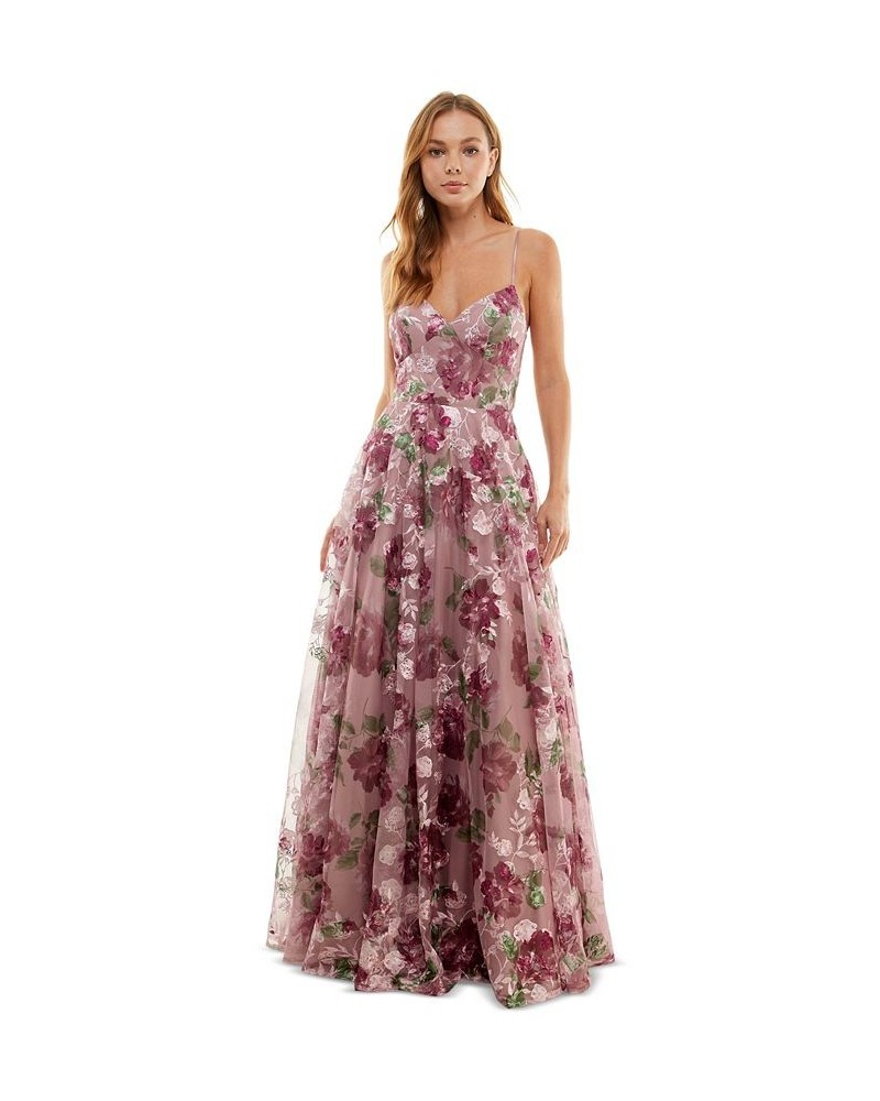 Juniors' Embroidered Floral Lace-Up Gown Mauve/wine $64.79 Dresses